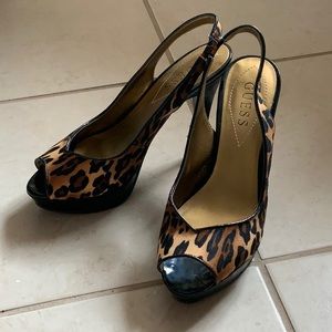 Leopard Platform Peep Toe Slingback Heels